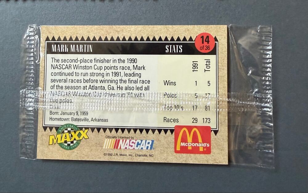 Mark Martin NASCAR vintage McDonald’s All Star race team 1992 card pack